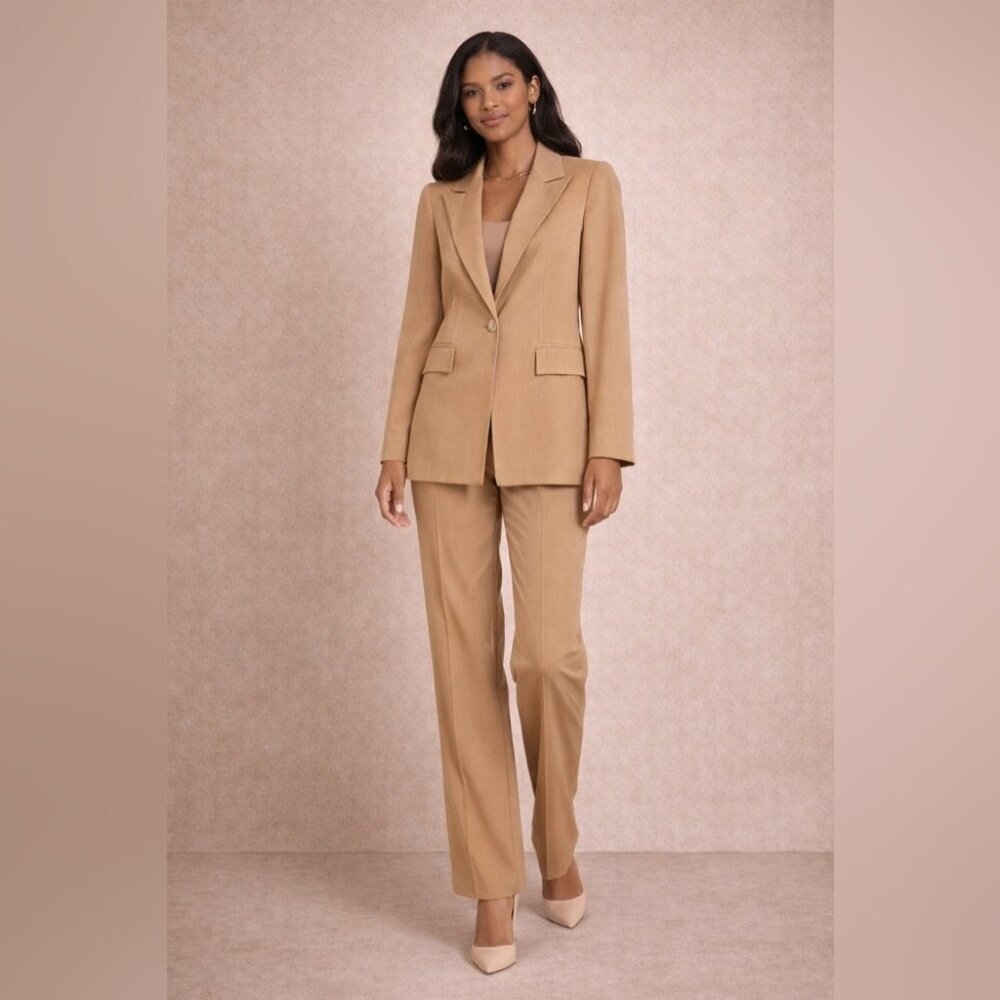 Vintage Quiet Luxury Tan Pinstripe Pantsuit Set Size 46 Blazer Trousers Workwear